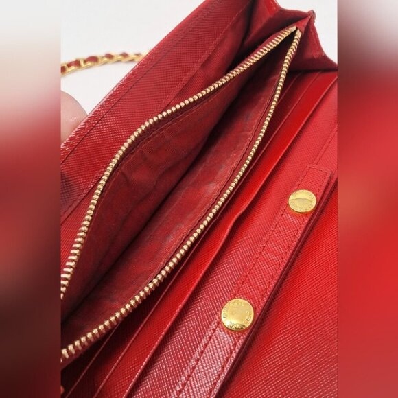 Prada Saffiano Leather Red Gold Detachable Crossbody Strap Wallet on Long Chain - Picture 15 of 16